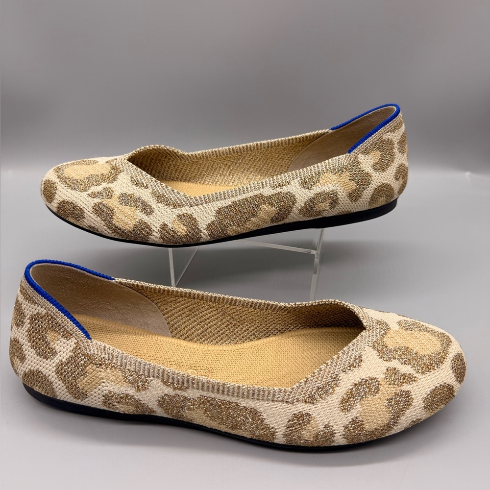 Rothy's Beige Leopard Print Knit Flats with Blue Trim